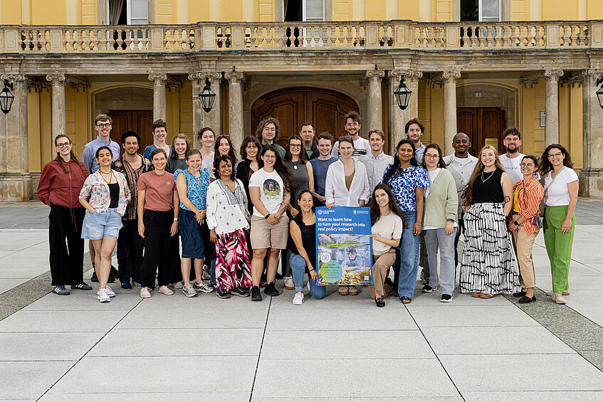 Group photo at IIASA’s main entrance, Laxenburg.